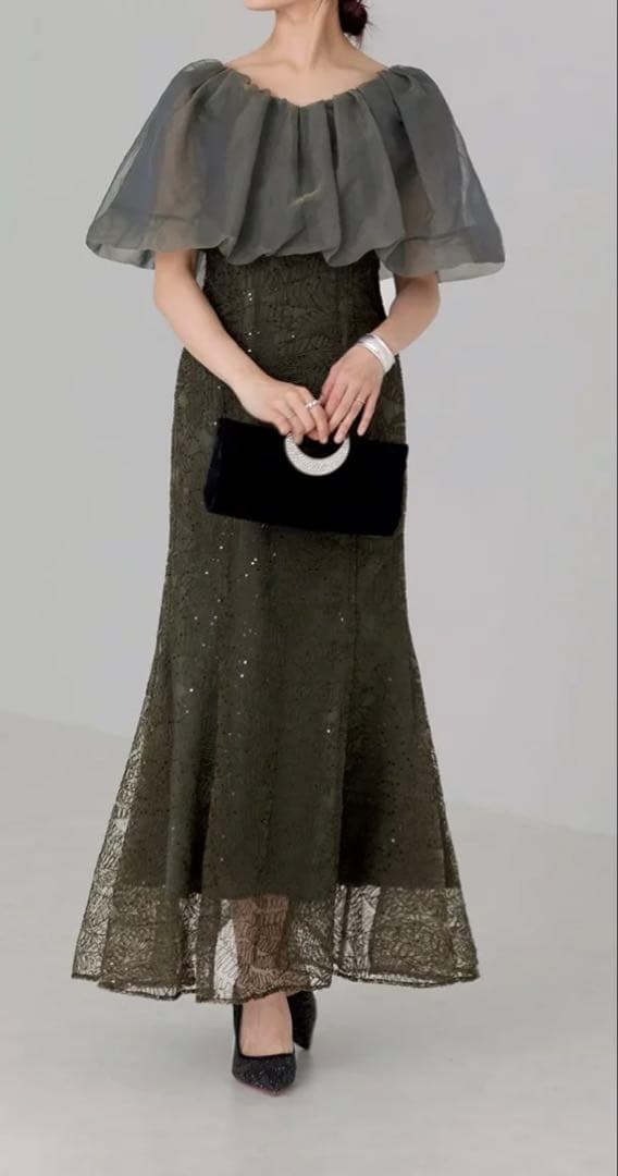 2WAYオフショルダーパフスリーブマーメイドワンピースドレス