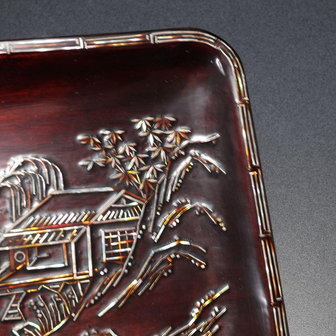 【茶道具】煎茶盆　螺鈿　山水文　桐箱　一文字盆　6R1521ダN2