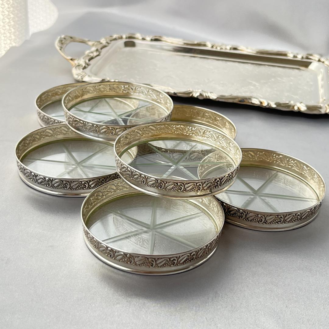 【Webster】 【純銀 / ガラス】レリーフのワイングラスコースター 8枚