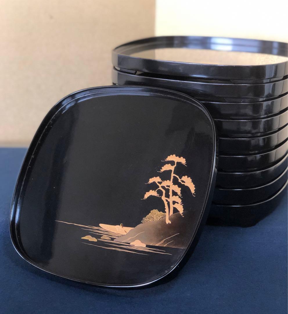 《レ》懐石 黒塗 金蒔絵 脚付 吸物膳10客 木製漆器 木箱　251127お1