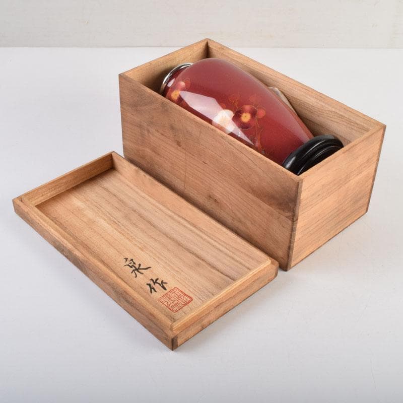 七宝焼 岡田泉作 赤透釉 梅文瓶 花瓶 唐木台付 共箱