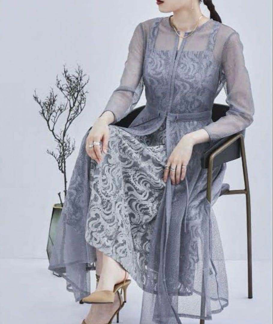 極美品 etoll. エトル 幾何学チュール ロングワンピース M ブルーグレー