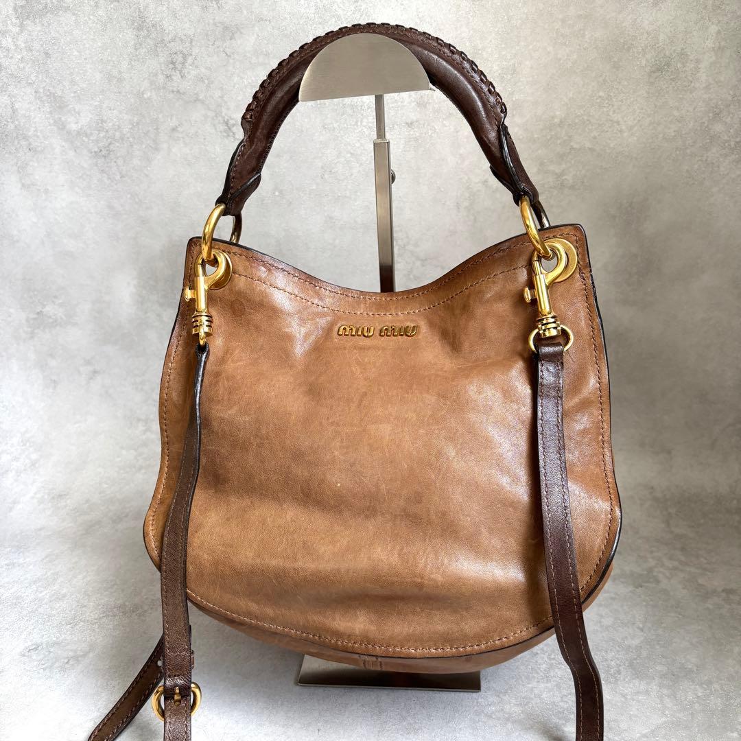 miu miu 2way ショルダーバッグ ロゴ レザー archive 茶