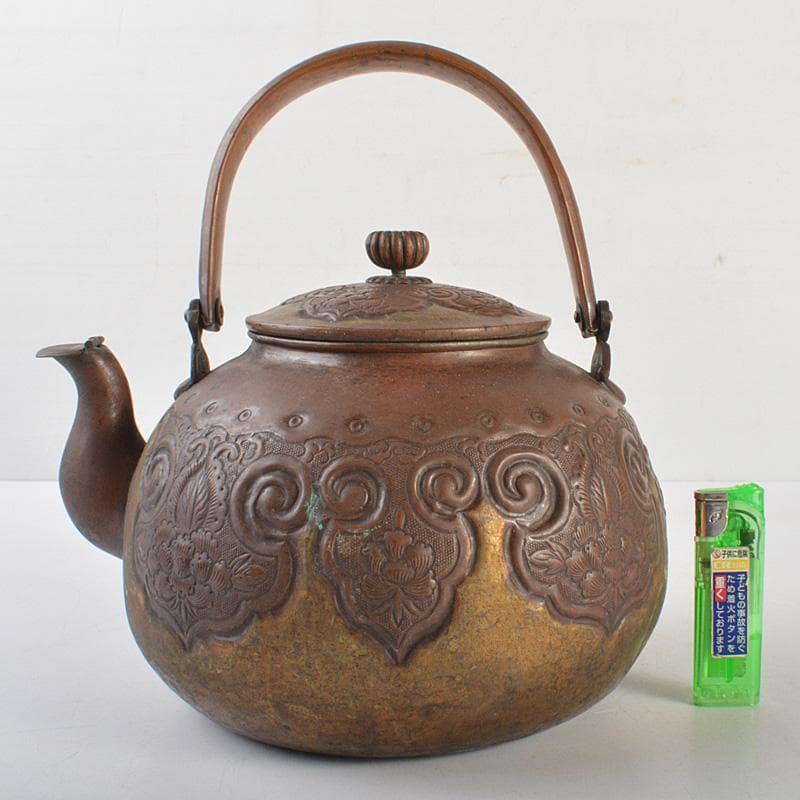 煎茶道具　銅製鎚起　花文　湯沸し　水次　薬缶　M　R6809