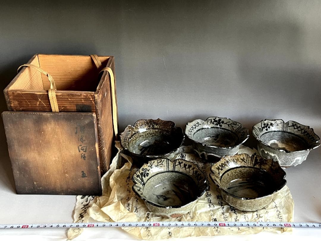 鉢□古唐津向付 5客 粉引絵唐津 菖蒲 花形 割山椒 古美術 時代物 骨董