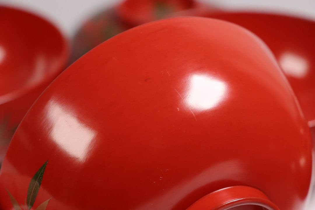 CG34 輪島塗 時代木製漆器 竹笹蒔絵 朱塗御吸物椀 五客 / 伝統