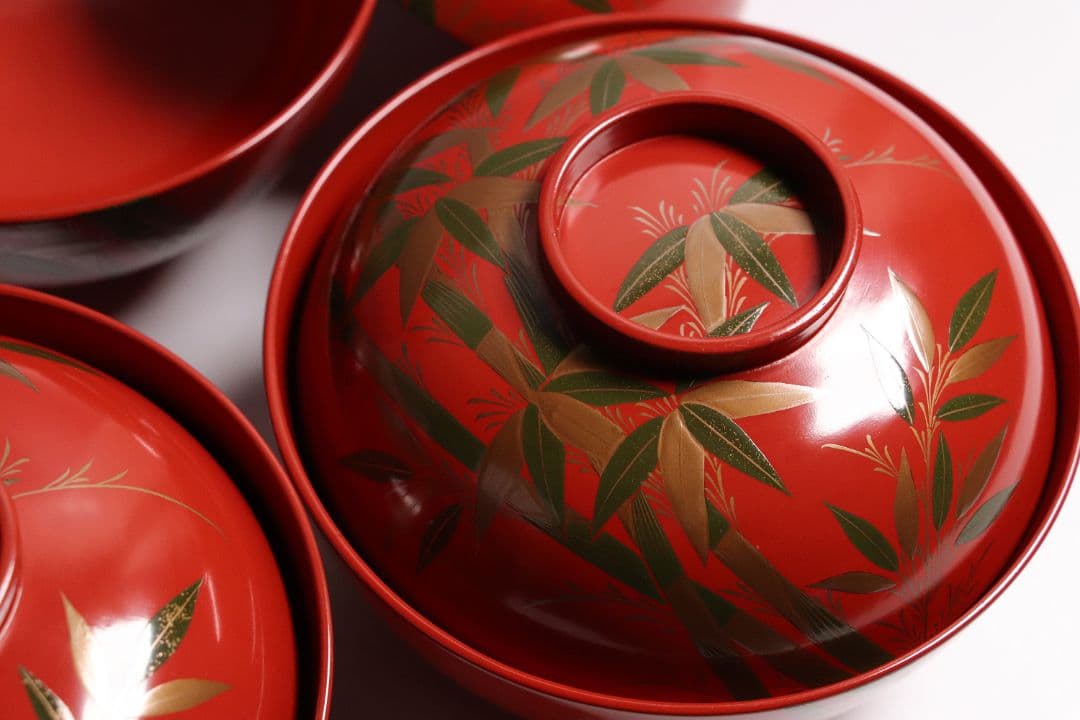 CG34 輪島塗 時代木製漆器 竹笹蒔絵 朱塗御吸物椀 五客 / 伝統漆芸茶懐石