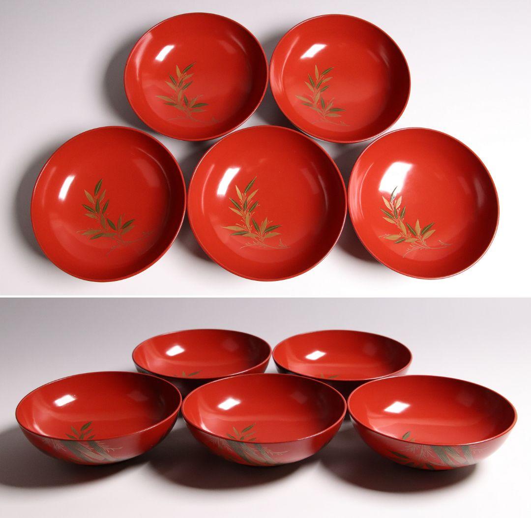 CG34 輪島塗 時代木製漆器 竹笹蒔絵 朱塗御吸物椀 五客 / 伝統漆芸茶懐石