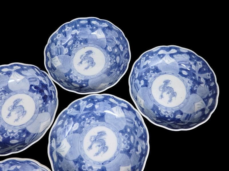 古伊万里　染付　巾着に宝尽くし　麒麟の図　膾皿　５客　129AS-CVv