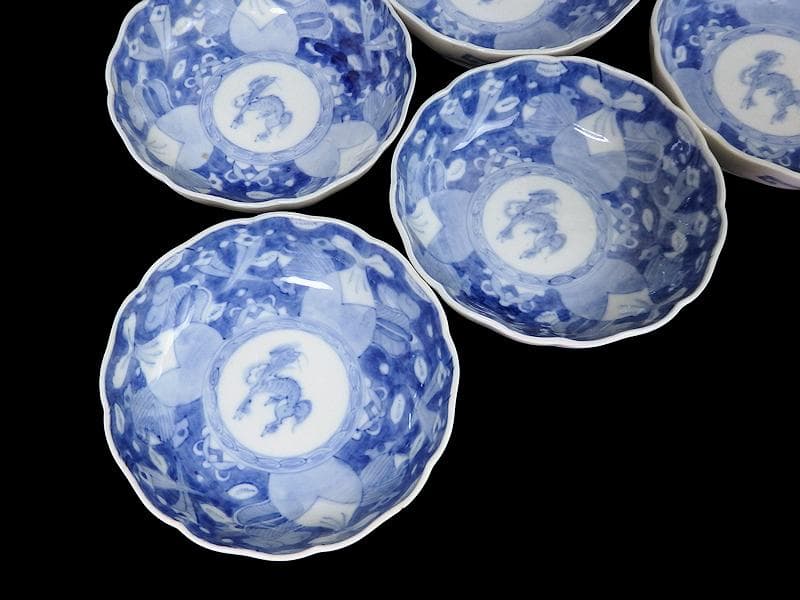 古伊万里　染付　巾着に宝尽くし　麒麟の図　膾皿　５客　129AS-CVv