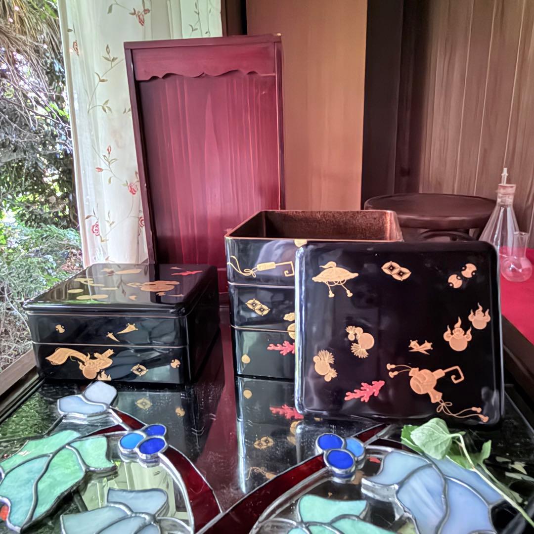 超限定1月2日20時迄‼️JAPAN『図替り宝尽くし』蒔絵梨地四段重台座付木箱入