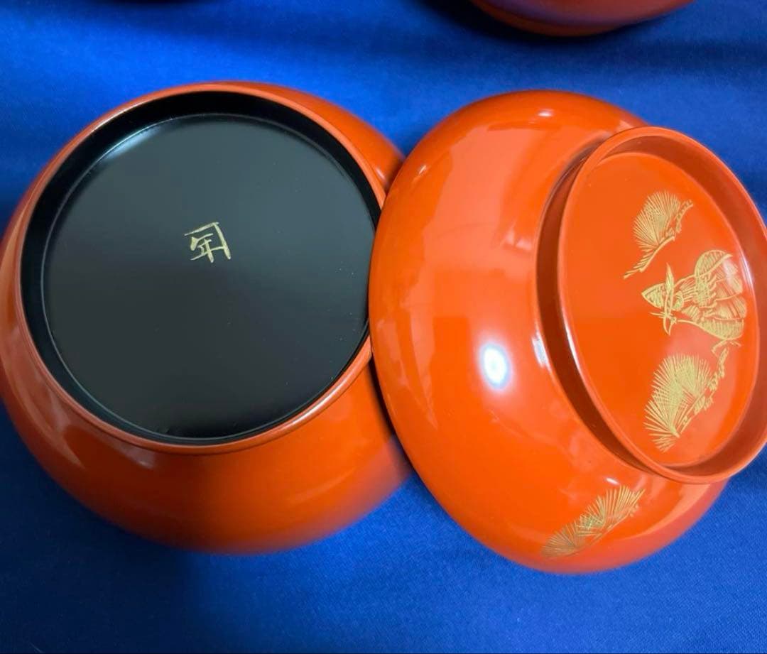 輪島塗　漆器　蓋付 吸物椀　沈金　朱塗　煮物　雑煮　8客　汁椀　鷹と松紋