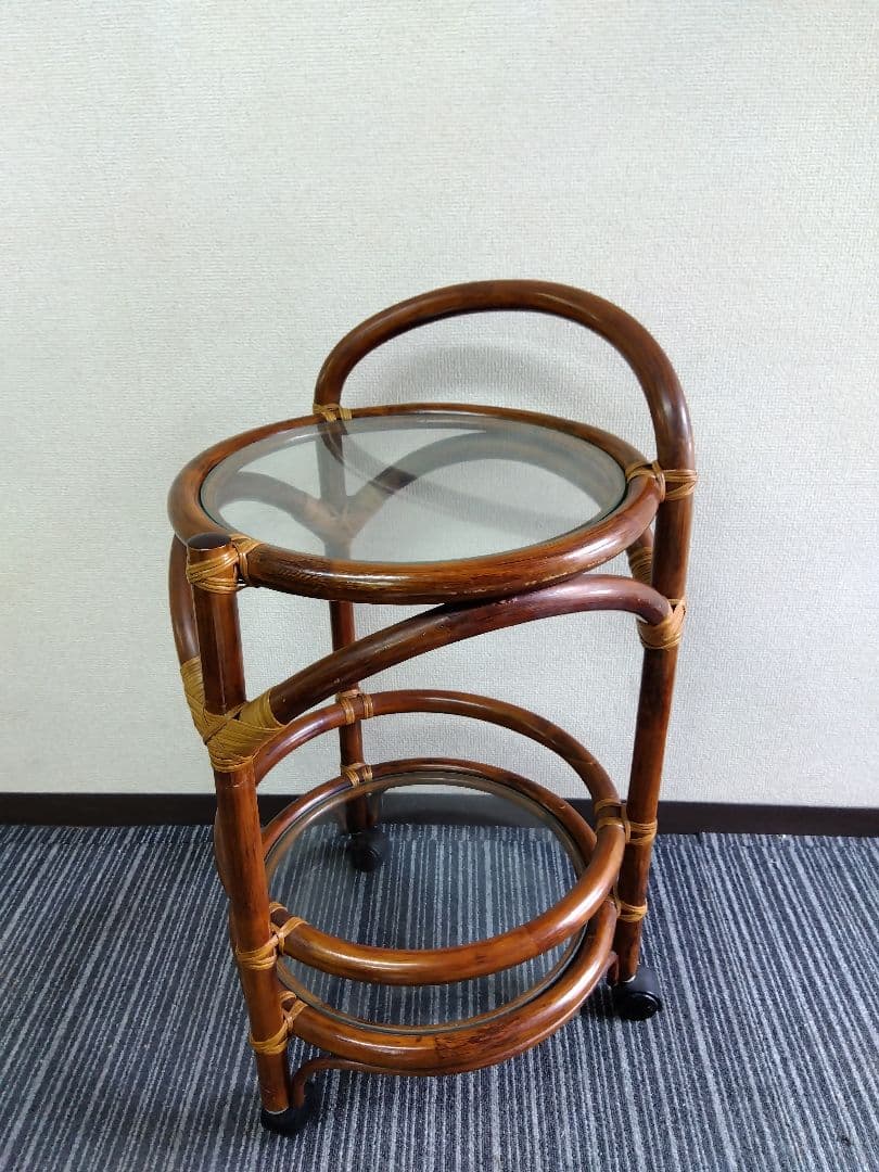高級ラタンテーブル 丸テーブル 籐 昭和レトロ ガラステーブル ラタン