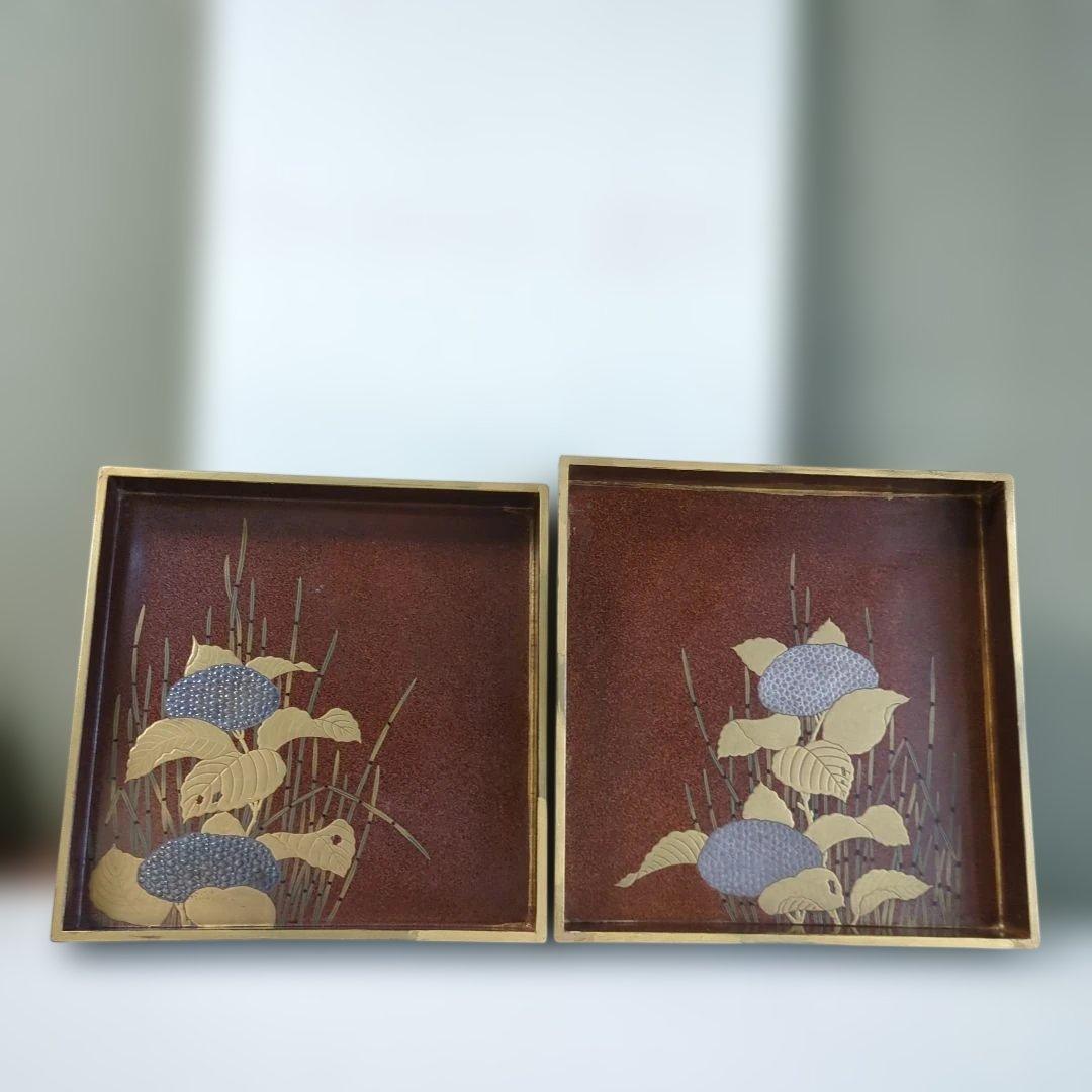 骨董　硯箱　蒔絵　紫陽花　大小　2枚組　木箱　木製　漆器