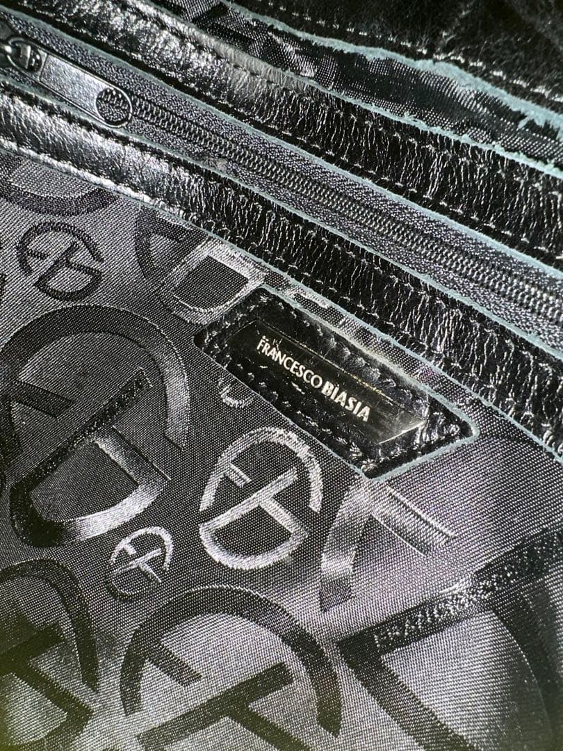 美品 フランチェスコビアジア 編み込みハンドル オールレザーバッグ 黒