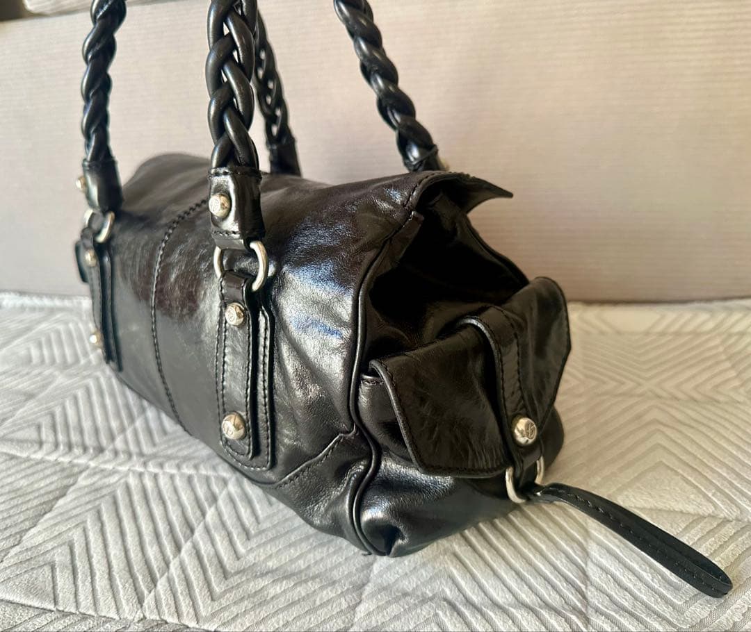 美品 フランチェスコビアジア 編み込みハンドル オールレザーバッグ 黒