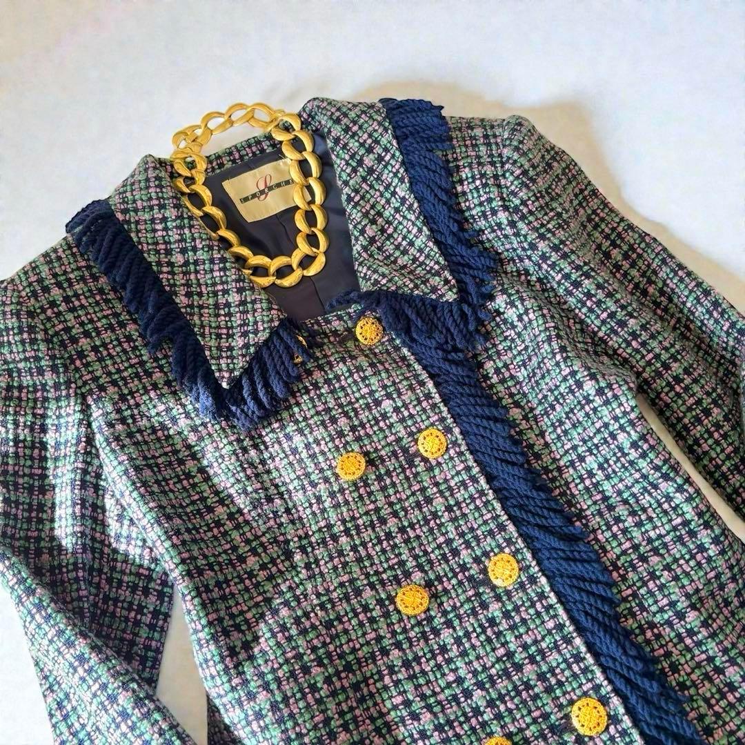 ミックスツイード　バブリースーツ　フリンジ　金ボタン　日本製