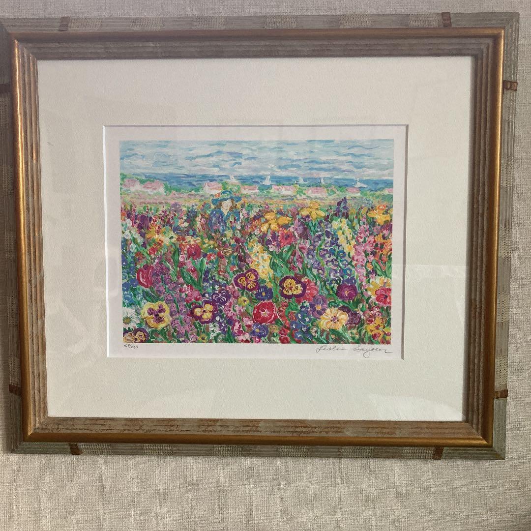レスリー セイヤ 花畑の中 本人を描いた 105／250 シルク