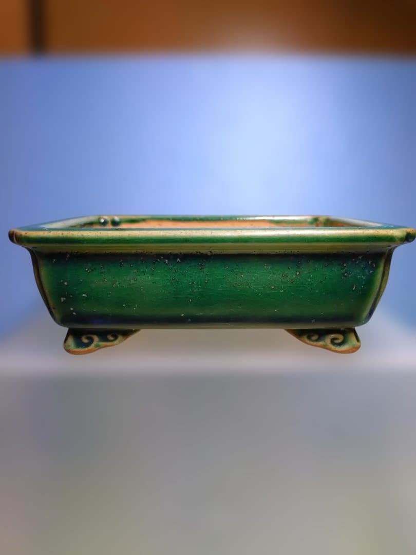 緑色の長方形陶器、小品盆栽鉢 盆栽鉢 4号 ナデ角 う泥 青 白 緑 四色 四日市萬古焼 浅型 長方形 四角