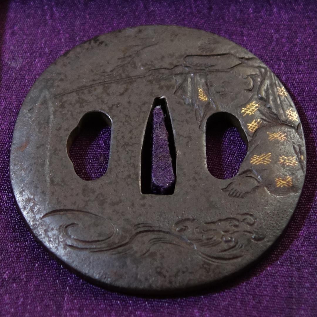 【 太公望図鍔 】 鍔 鐔 鉄地 象嵌 刀装具 武具 骨董 アンティーク