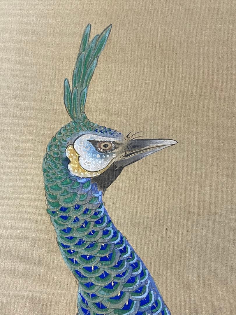 日本画 　熊斐銘　孔雀図 掛軸　肉筆　絹本　時代箱付　古美術 4C06-11