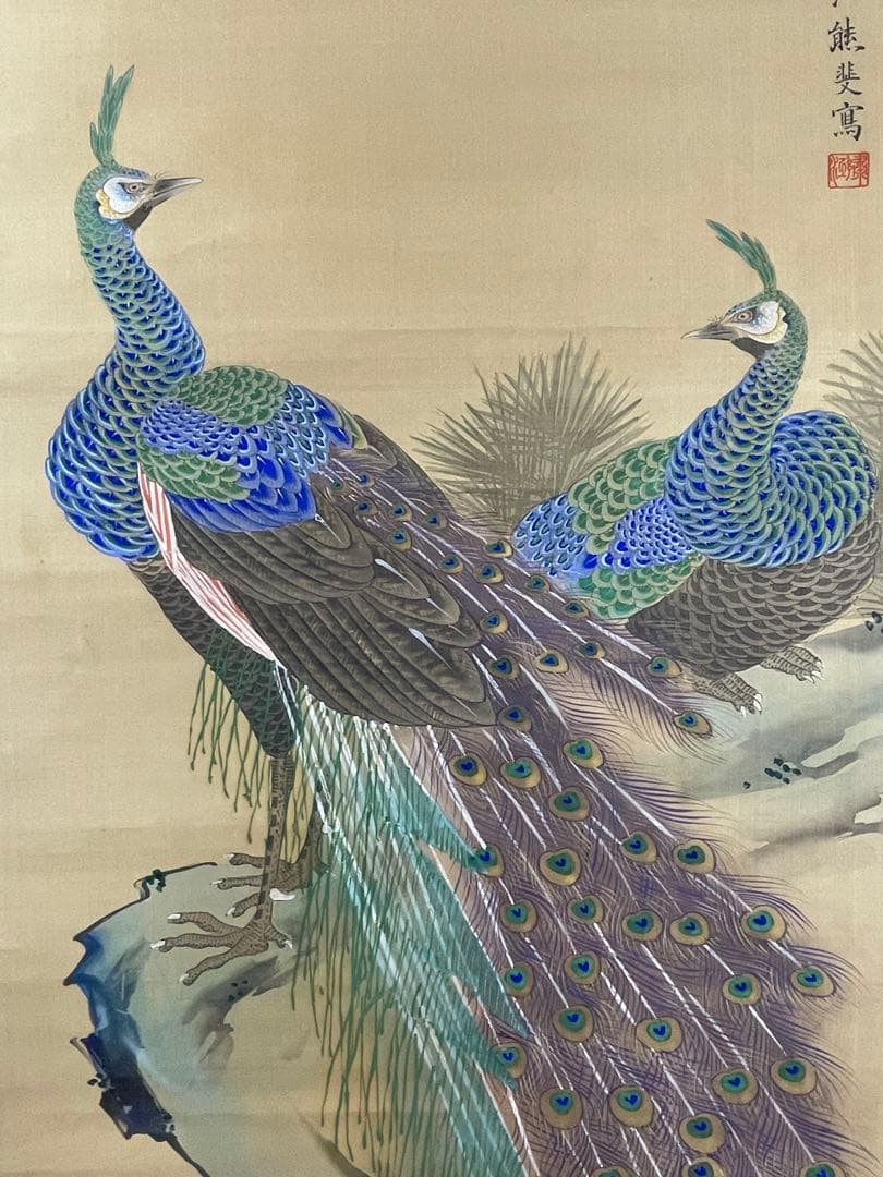 日本画 熊斐銘 孔雀図 掛軸 肉筆 絹本 時代箱付 古美術 4C06-11