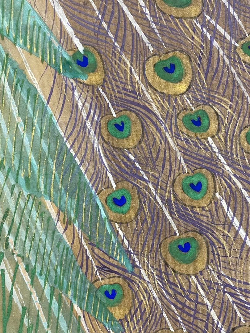 日本画 　熊斐銘　孔雀図 掛軸　肉筆　絹本　時代箱付　古美術 4C06-11