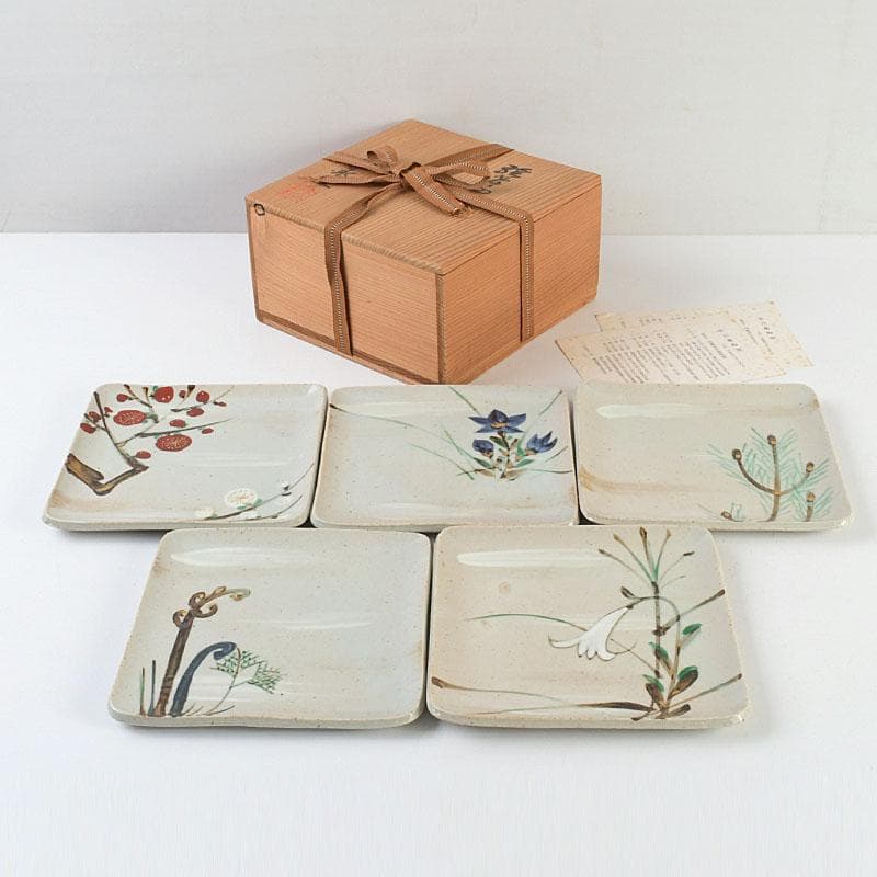 茶道具　幸兵衛窯　絵変四方皿　銘々皿　五客　共箱　N　9386 茶道具 幸兵衛窯 絵変四方皿 銘々皿 五客 共箱 N 9386