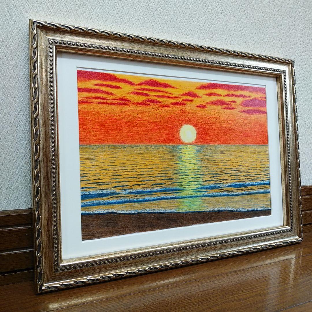 絵画色鉛筆風景画『夕日の海』原画