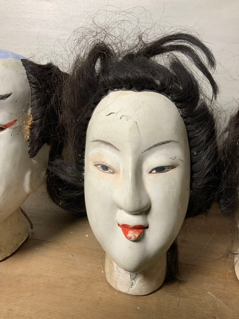 日本の伝統的木製人形の頭4点セット 文楽 幕末~明治 伝統