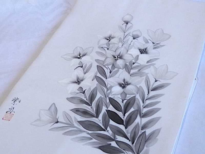 落款入 塩瀬名古屋帯（桔梗文）長370 手描き染 正絹美品 塩瀬名古屋帯