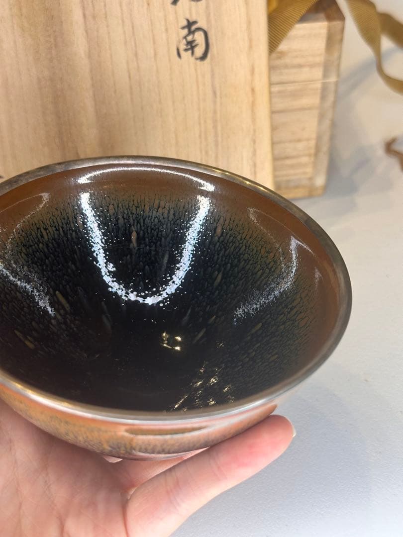 中国 天目 建盏 銀覆輪 茶碗 美しい釉景 共箱 茶道具 古陶磁 美術品