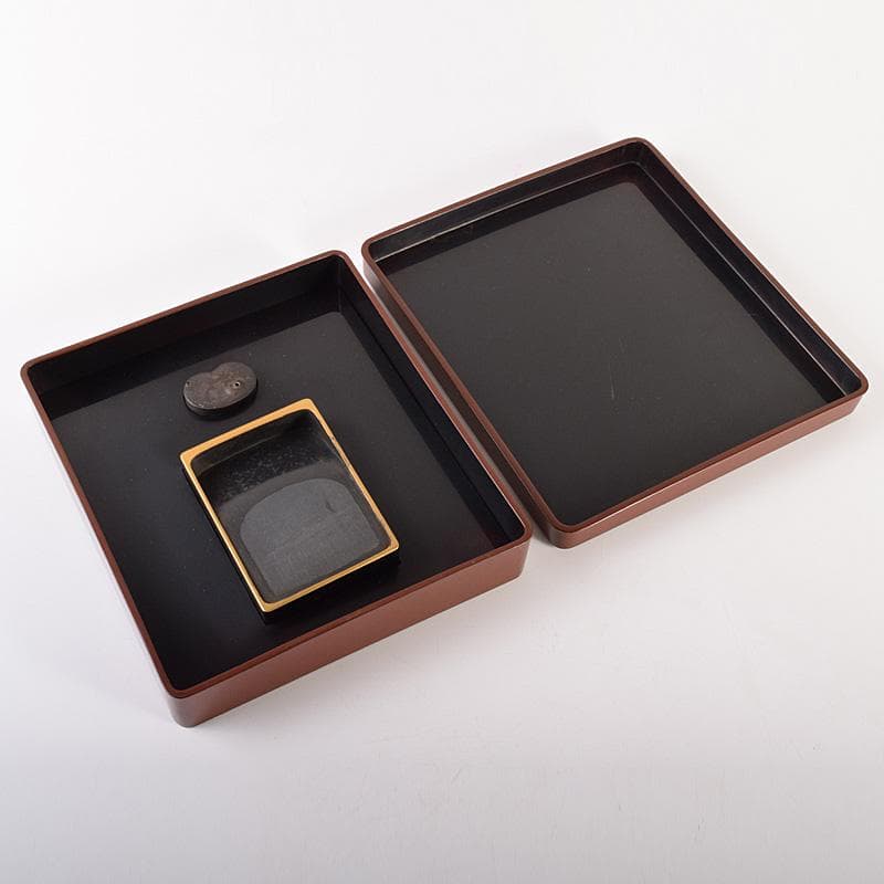 書道具　黒漆　玉石螺鈿装飾　花蝶文　硯箱　時代箱付　G　R7807