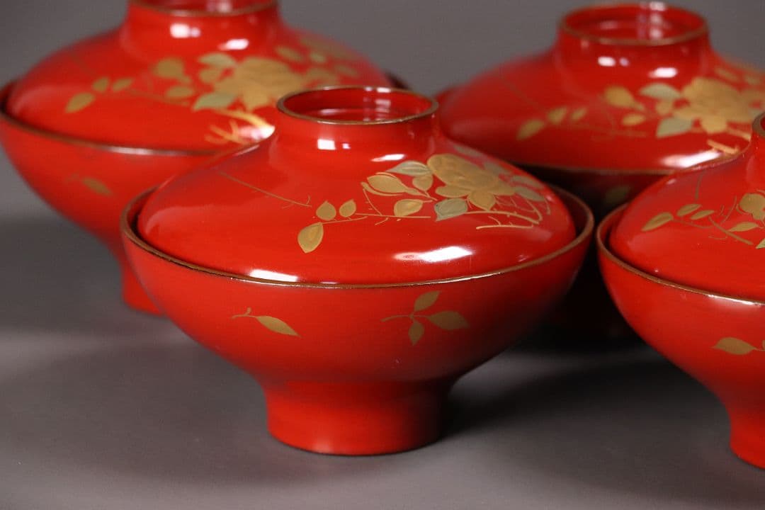 漆芸 明治大正 時代蒔絵椀 五客 天然木 草花 朱塗 金蒔絵【MA358】