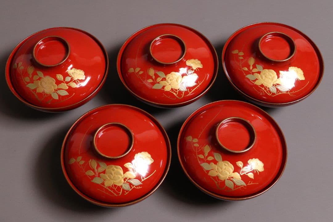 漆芸 明治大正 時代蒔絵椀 五客 天然木 草花 朱塗 金蒔絵【MA358】