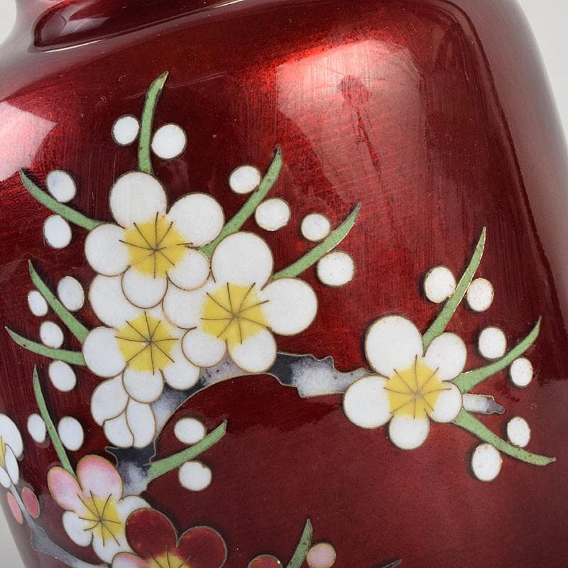 七宝焼 加藤七宝製作所 梅竹文 花瓶 台・箱付 M R9494