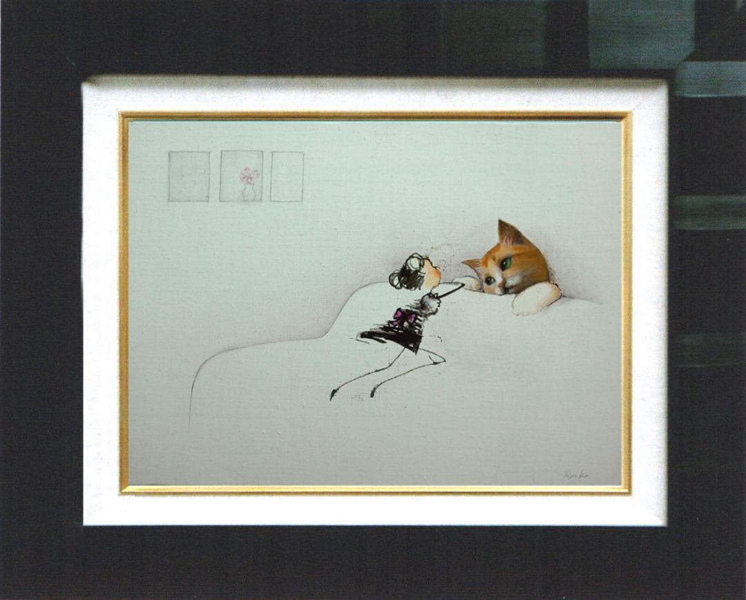 油絵 菅家令子 絵 絵画インテリア額付(青緑＋金色の枠)F4-090518猫女子