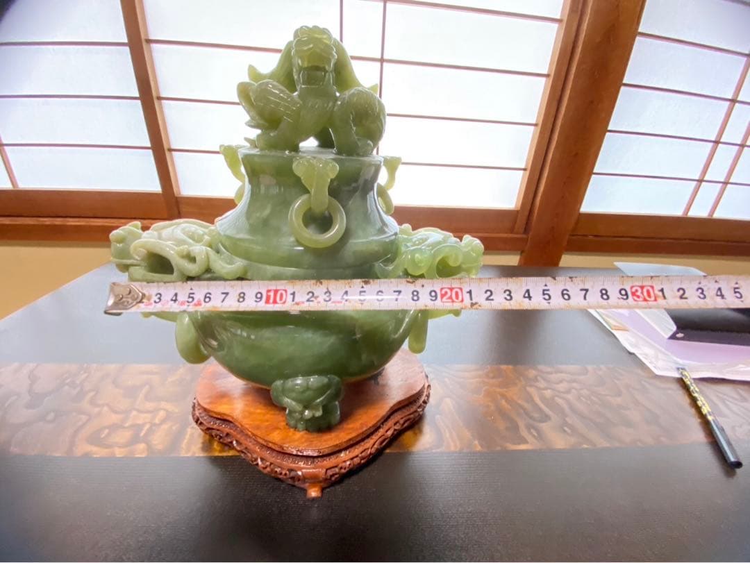 翡翠 玉石 龍双耳龍掴み三足香炉