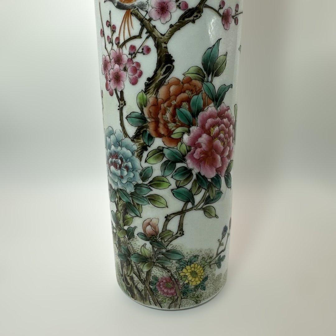 中国，景的鎮，花器，花瓶，花鳥装飾の円筒形陶器