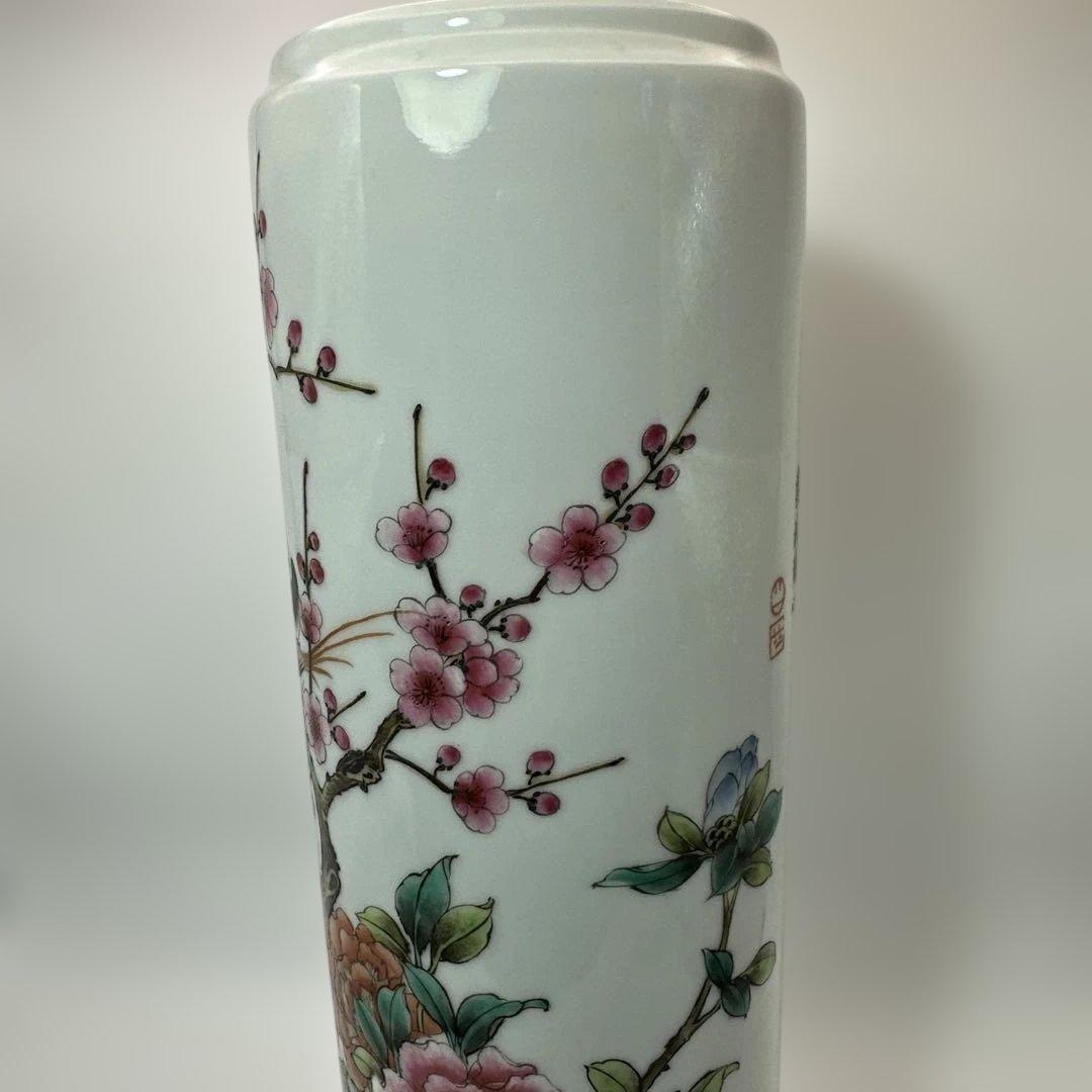 中国，景的鎮，花器，花瓶，花鳥装飾の円筒形陶器