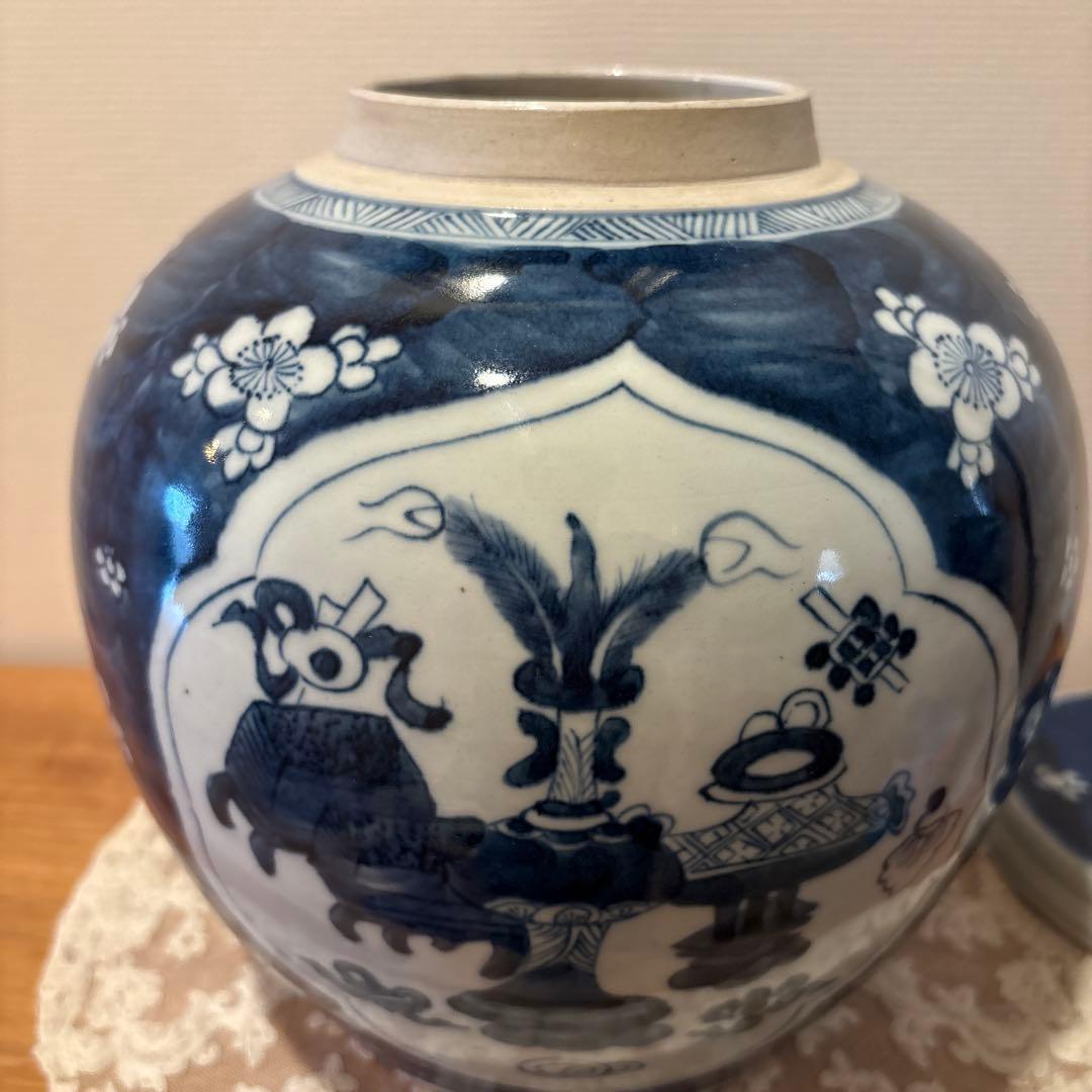 中国古美術　青花氷梅紋　大壷　ジンジャーポット　花瓶　骨董