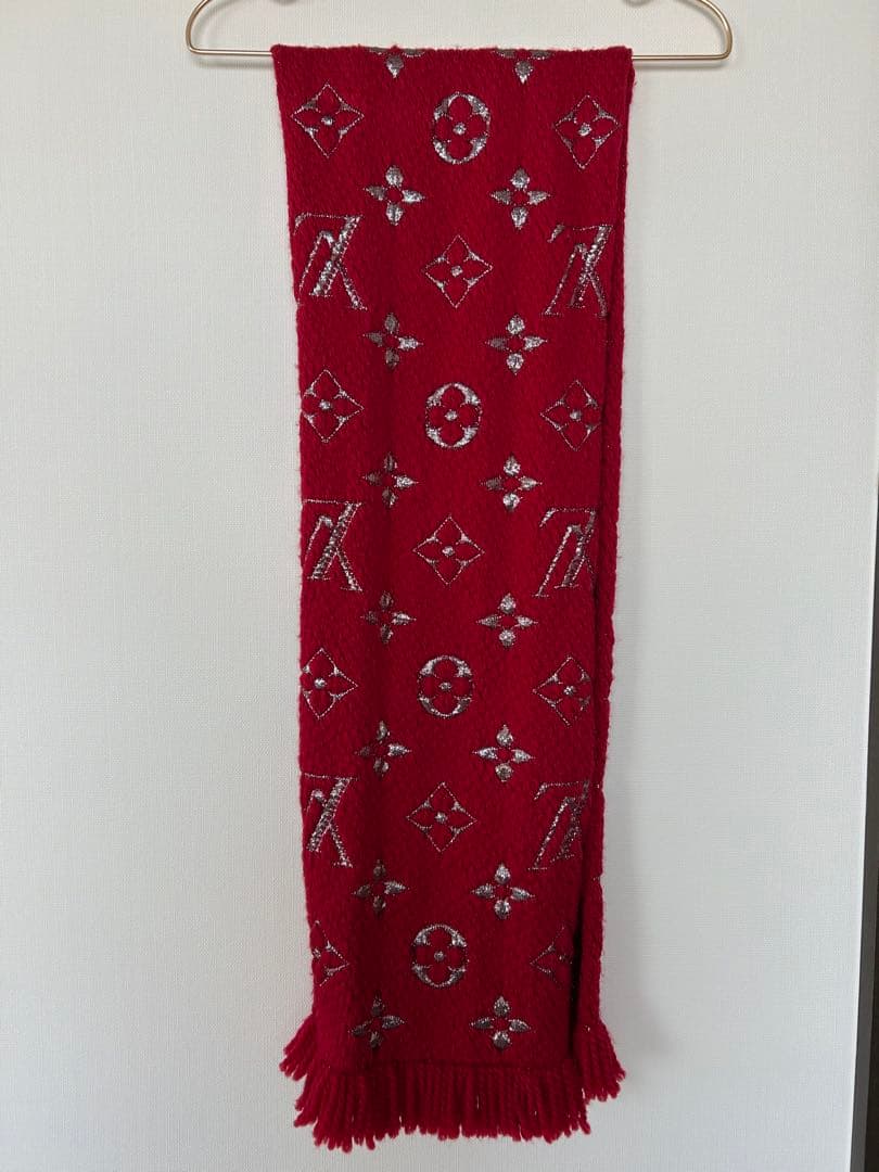 Louis Vuitton 赤 レッド ニット マフラー シルバーロゴ