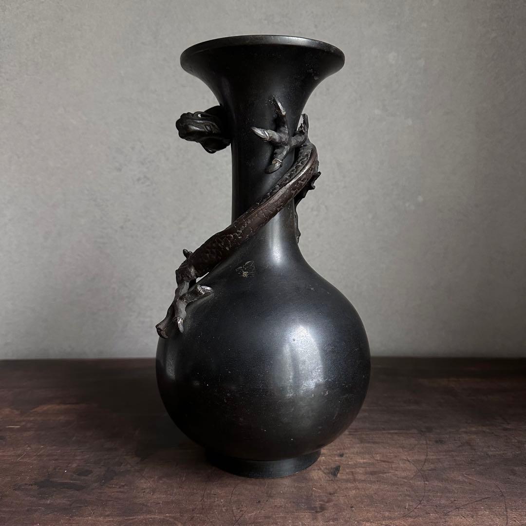 希少】 古銅 銅製 鉄龍巻 龍巻花瓶 雄峰造 花入 高岡銅器