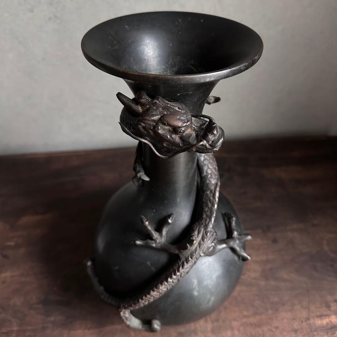 【希少】　古銅　銅製　鉄龍巻　龍巻花瓶　雄峰造　花入　高岡銅器　金工美術　大