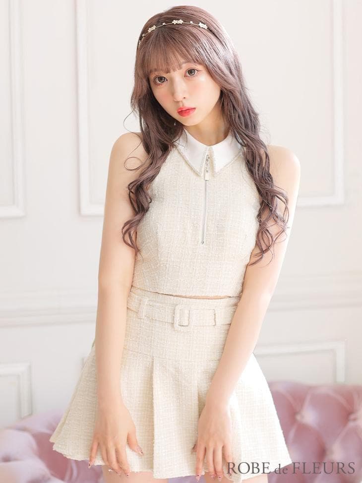 【Mサイズ】ローブドフルール 襟付き ホルター ジッパー ツイード セットアップ