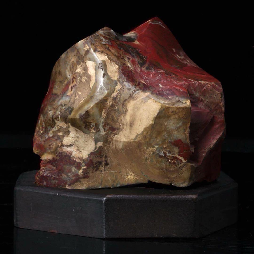 【希少・美石】佐渡 錦紅石 錦石 錦瑪瑙 赤玉石 ジャスパー 鑑賞石 台座付