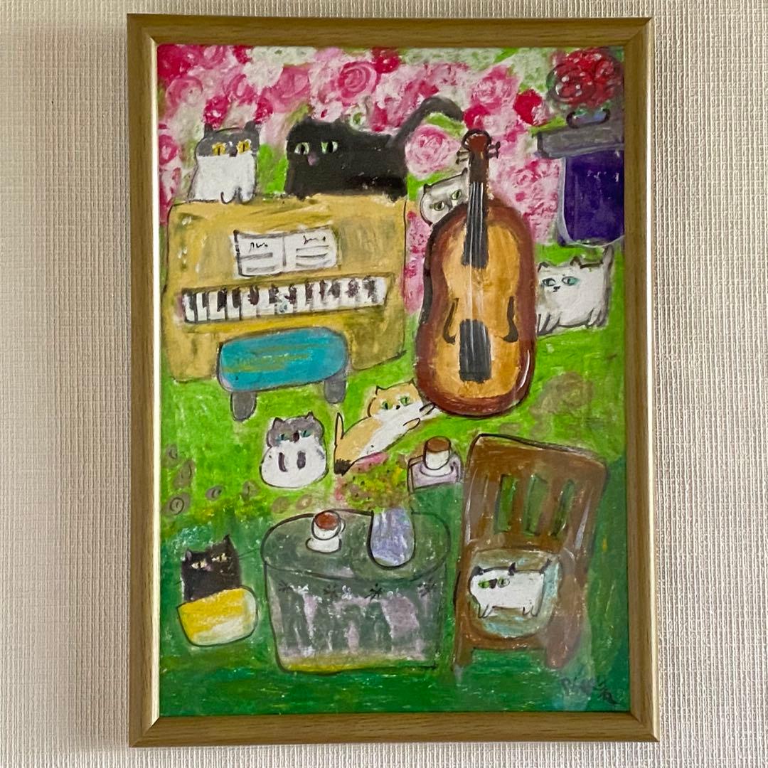 絵画。壁掛け絵原画手描き【猫たちは花が咲いた庭で演奏会を開く】