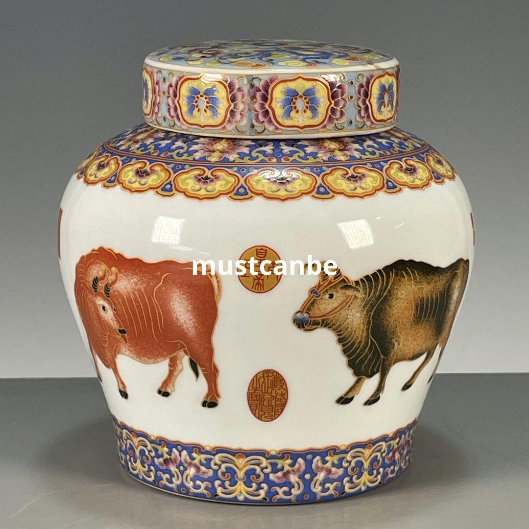 琺瑯彩五牛図蓋缶 景徳鎮 陶磁器 装飾品 現代工芸品 美術品 置物