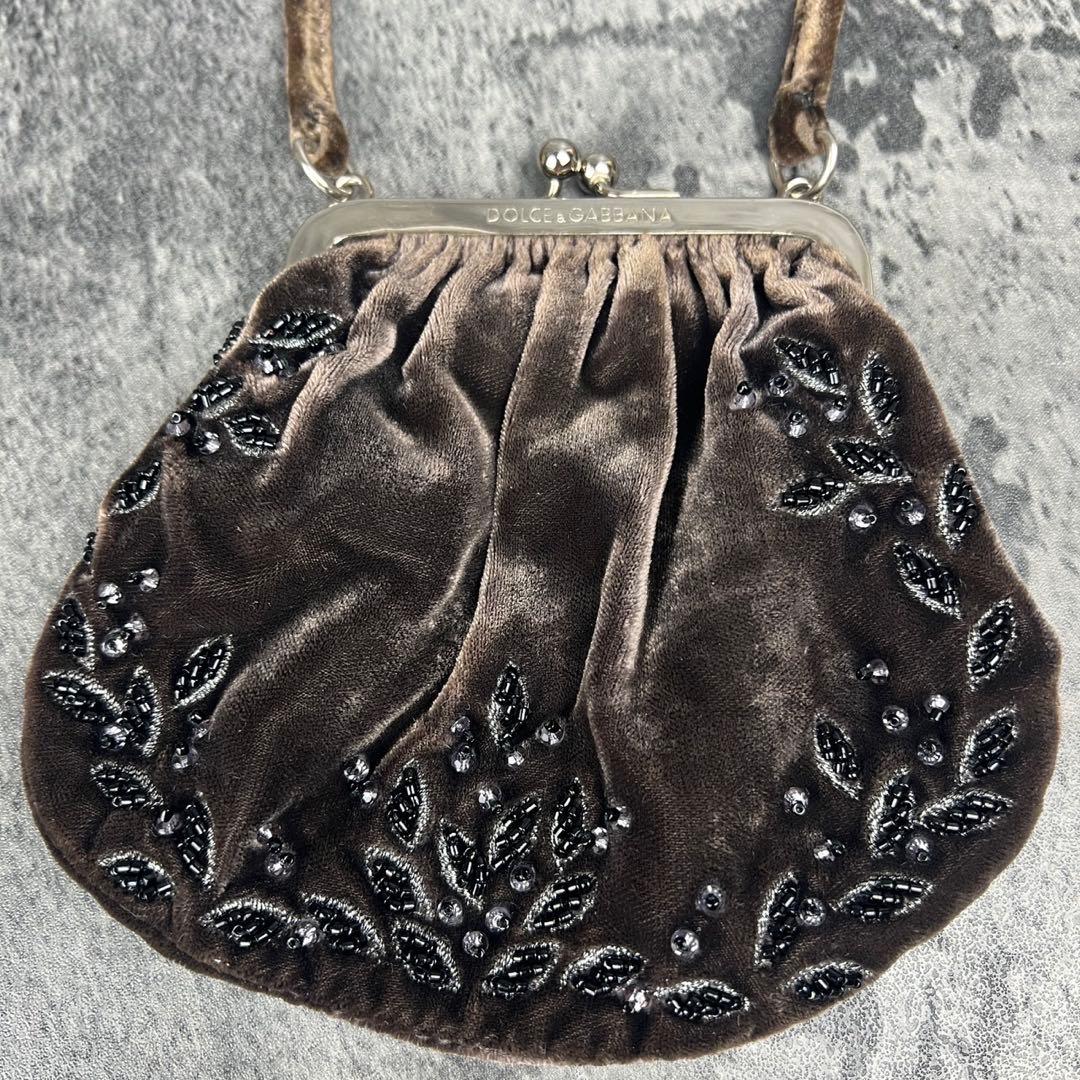 ドルチェ&ガッバーナ ベロア ビーズ刺繍 がま口 ハンドバッグ レオパード