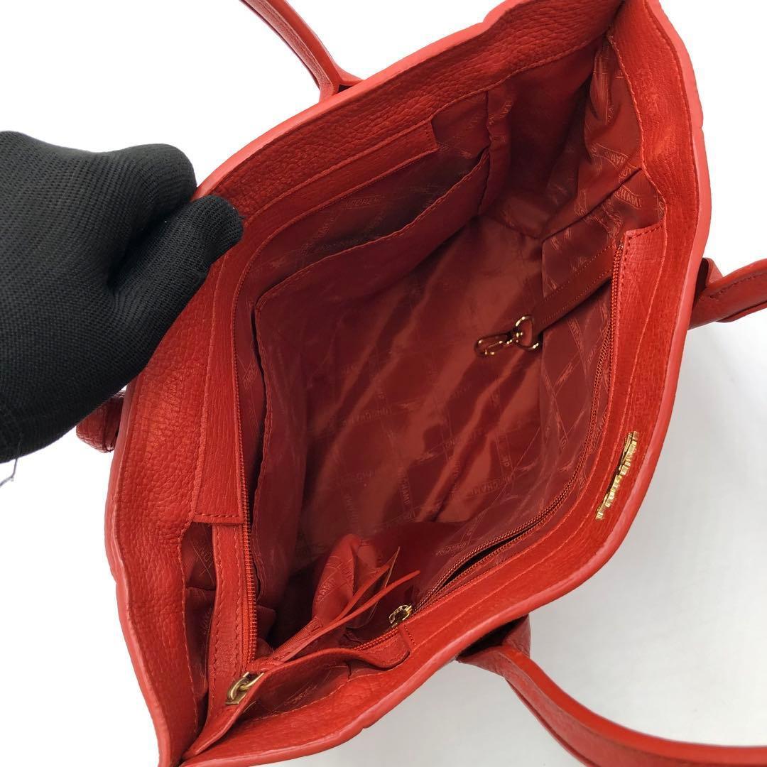 美品 ロンシャン ペネロペ シボ革 ハンドバッグ レザー 濃いオレンジ系